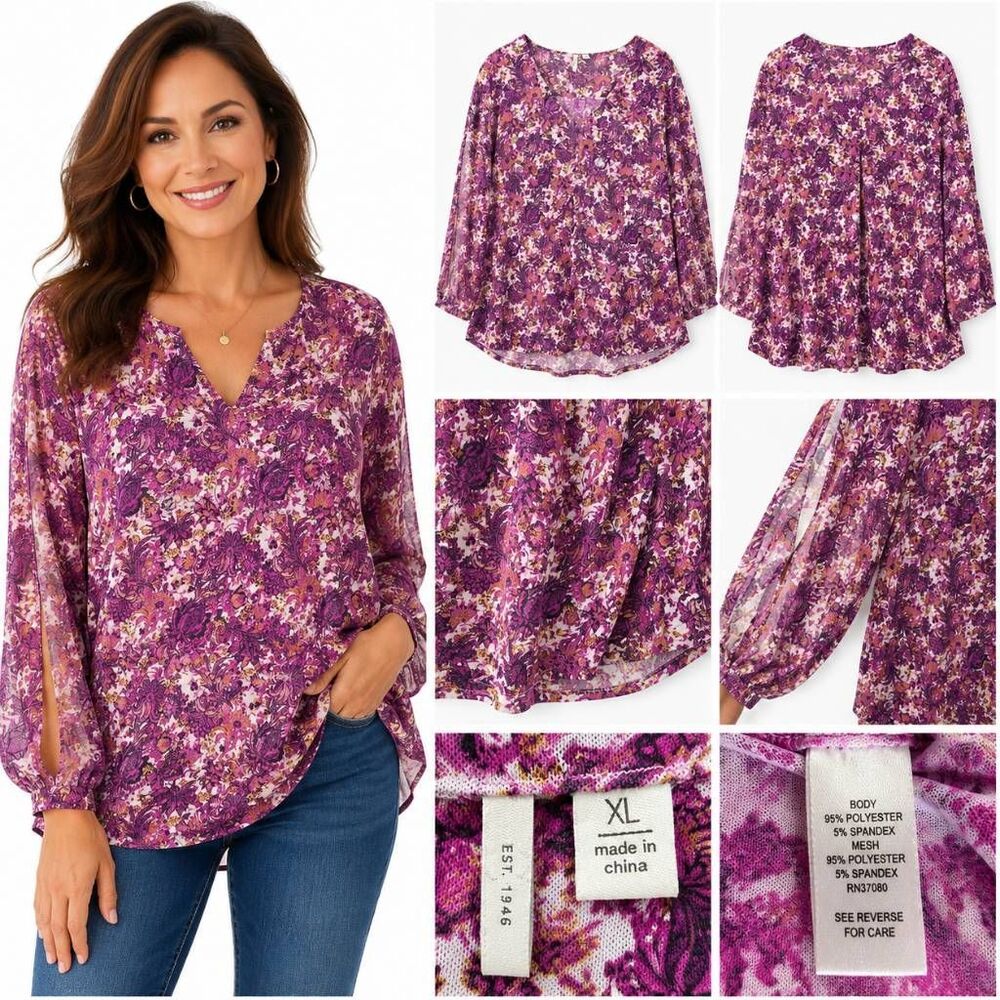 Cato XL Purple Floral Mesh Boho Tunic Top